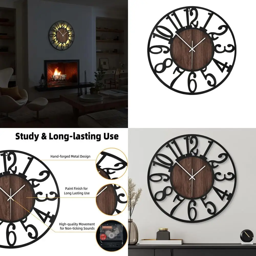 

Battery-Powered 24 Silent Wall Clock with Night Light, Glow-in-the-Dark, Arabic Numerals, Rustic Modern Metal & Wood Design for