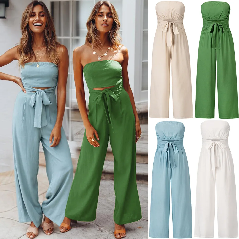 

Casual Strapl 2023 Women's Jumpsuit Straight Pants Low Waist Long Cotton Fabric Ladies Suit Ele Faionable