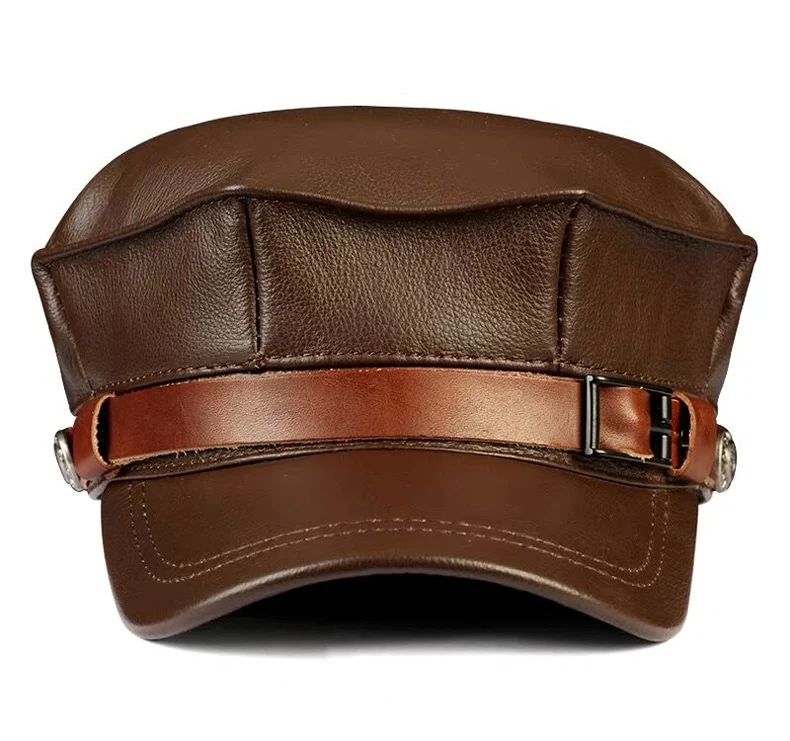 Winter Echt leder Mütze Herren flache Kappen Armee Militär hut Gürtel elegante Mann Baseball mütze britische Vintage Rindsleder Ohr warmen Hut – Detail 3