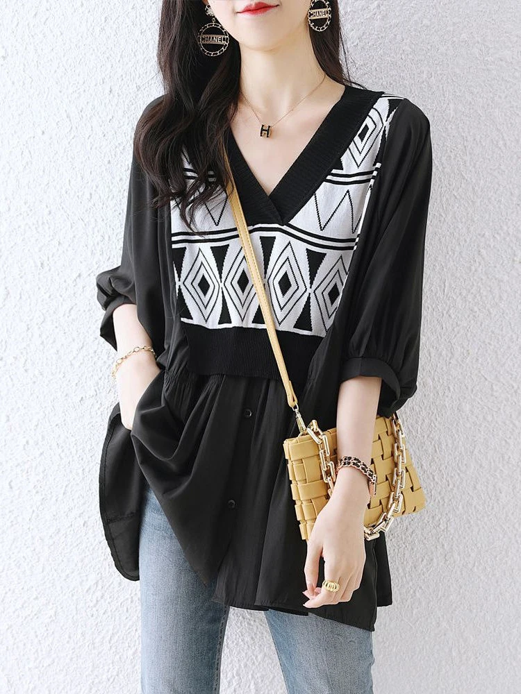 

Plus Size plus Size 300 Pou Splice Knitted Chiffon f Sve irt Women Summer Loose Casual Top Korean Sle V-ne Seven-quarter...