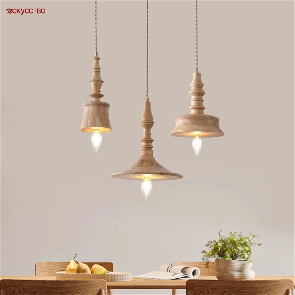 

Vintage Solid Wood Candlestick Led Hanging Chandelier Retro Loft Decor Dining Room Study Homestay Hotel Suspended Light Fixtures