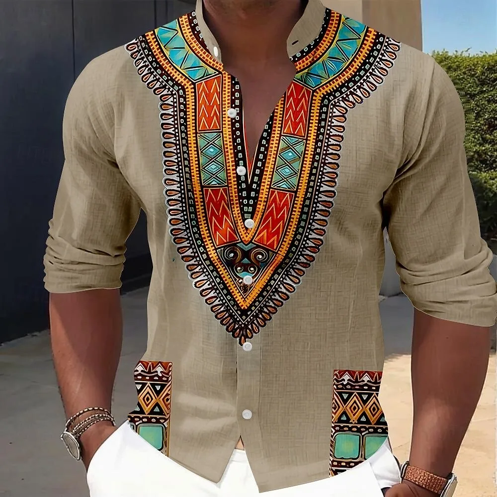 

Новая мужская рубашка с 3D-принтом в этническом стиле, качественная и модная повседневная рубашка с длинными рукавами, топ с лацканами