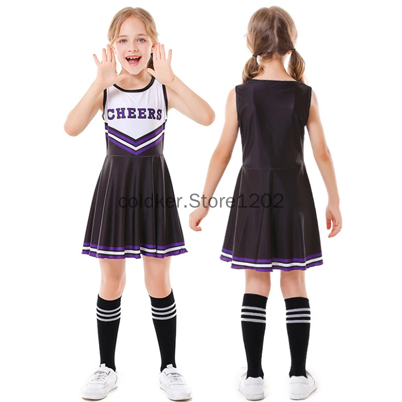 3pcs Cheerleader Costume for Girls Party Dress Halloween Cute Uniform Outfit Cheerleading Dance Costumes With Socks Pompom