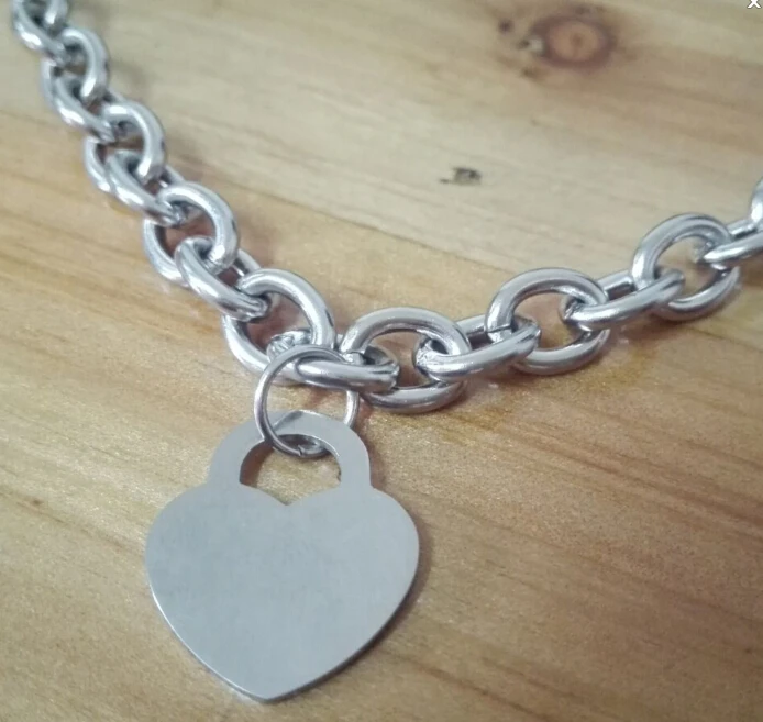 1set women\'s new stainless steel oval chain with heart charm necklace bracelet 19.6\'\' + 8\'\'