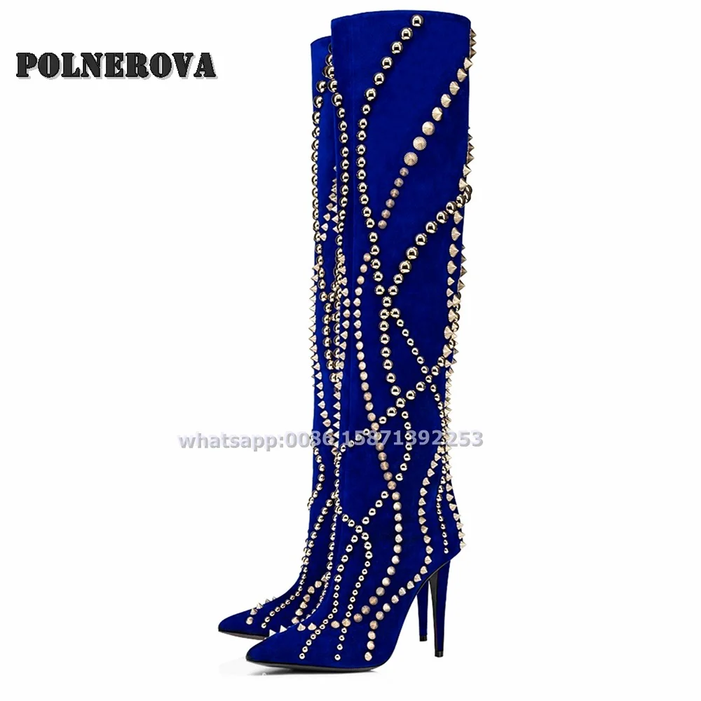 Rivet Patchwork Knee High Boots Pointed Toe Stiletto Heels Solid Sexy Large Size Mid-Calf Boots Heavy Work Luxury Shoes Autumn