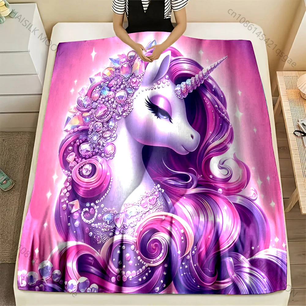 Jeweled Unicorn Pink Printing Blanket Flannel Material Soft Warm for All Seasons Home Outdoor Camping Picnics Multi-Size