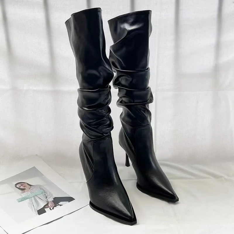 High heeled long boots for women in the spring and autumn of 2026  with thin heels and piled boots that do not exceed the knee