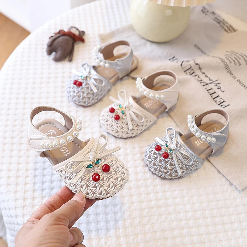 JGSHOWKITO Little Girls Sandals Kids Half Sandals Breathable with Cherry Fashion Princess Soft with Bow-knot Sweet Toe-wrapped
