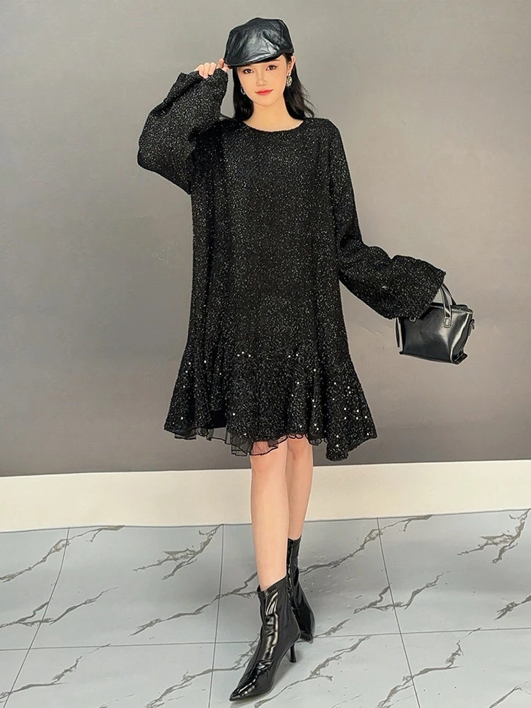 SHENGPALAE Fashion Sequins Dress Women A Line Round Collar Full Sleeve Chic Style New 2024 Temperament Short Dresses 5C1609