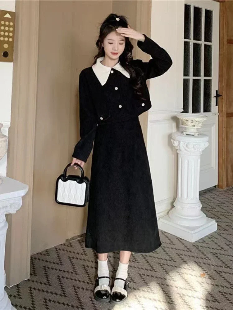 Fashion Two Piece Set Autumn New Corduroy Versatile Solid Lapel Button Pocket Small Fragrant Coat Slim A-line Half Length Skirt