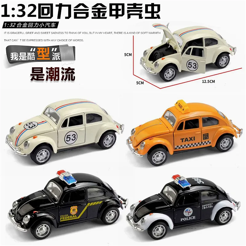 1: 32 lega Volkswagen Beetle, auto della polizia classica, taxi, auto da corsa, modello di auto a rimbalzo, regalo giocattolo per bambini