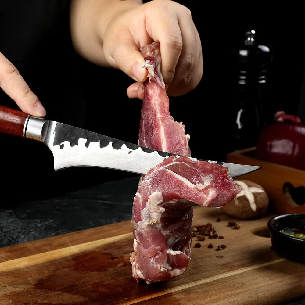 Professional kitchen chef bone-cutting knife with high-end solid wood handle and stainless steel blade, a sharp meat cutting kni