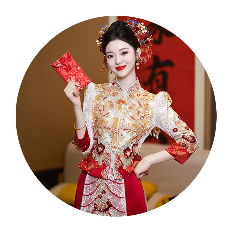 Estilo chinês champanhe qipao terno para mulheres, alta qualidade, festa de casamento, vestido cheongsam tradicional