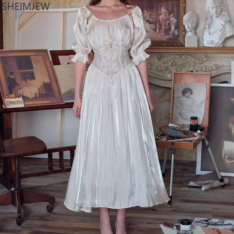 

Fashion French Elegant Palace Style Lace Stitching Fishbone Waist Gown Evening Ball Gown White Sexy Ladies Daily Pearl Dress