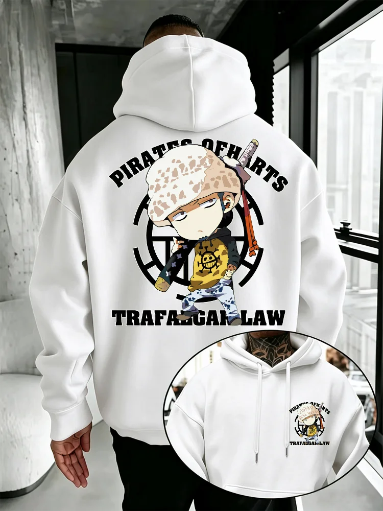 Bandai Chibi Style Trafalgar Law One Piece Men's Hoodie High Quality Warm Loose Fit Hip Hop Style Pullover for Autumn Winter