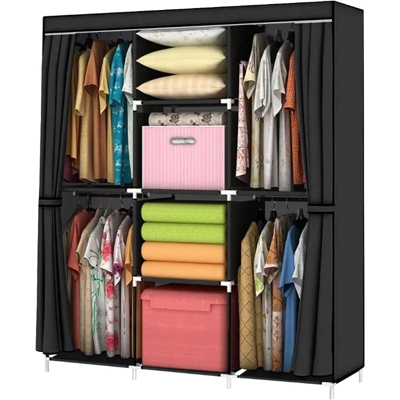 

Portable Closet 50 Inch Wardrobe Closet for Hanging Clothes with 4 Hang Rods and 4 Clothes Storage Organizer Shelves