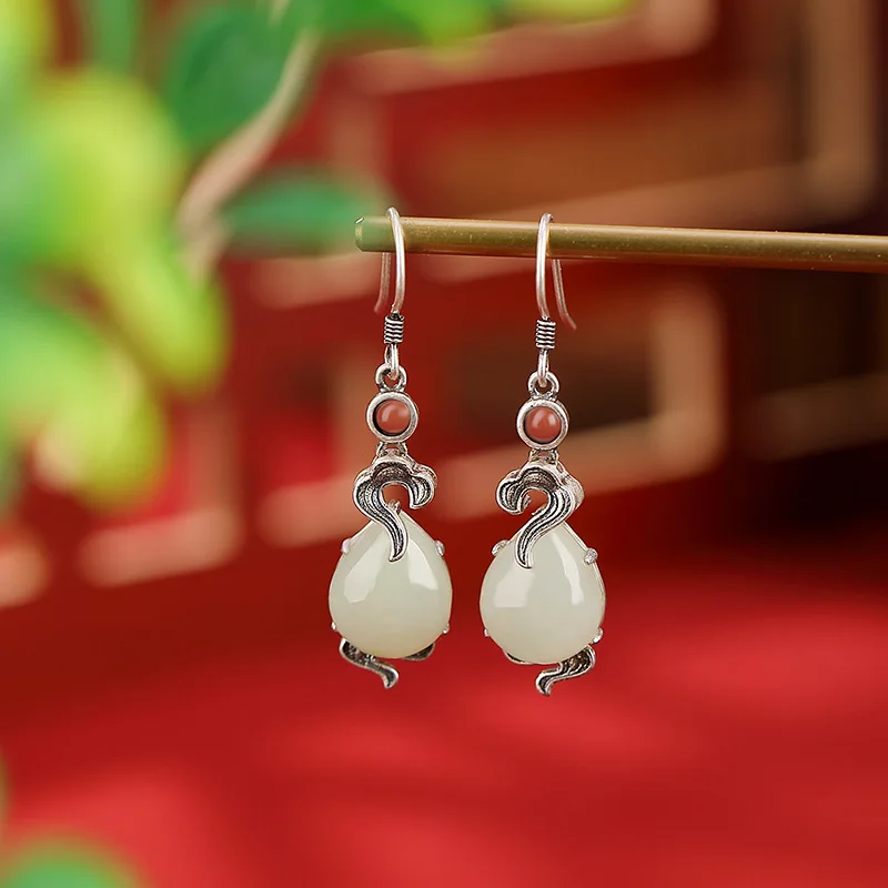 S925 Silver South Red Hetian Jade Vintage Cloud Pattern-Shaped Pendant Earrings With Ethnic Style Ear Hooks