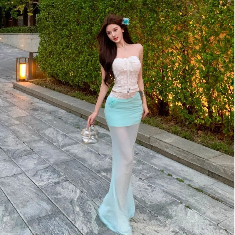 Sexy Lace Splice Beach Coast Halter Neck  Skirt Women's Fashion Spring Summer Polyester High Waist Bodycon Long Skirt