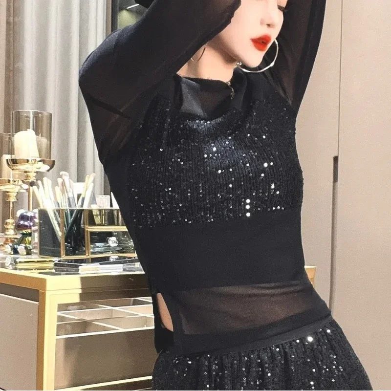 Spring Autumn Sequin Fashion Long Sleeve T-Shirts Women Patchwork Pullover Solid Bottoming Shirt Y2K Lady Tops Female Clothes