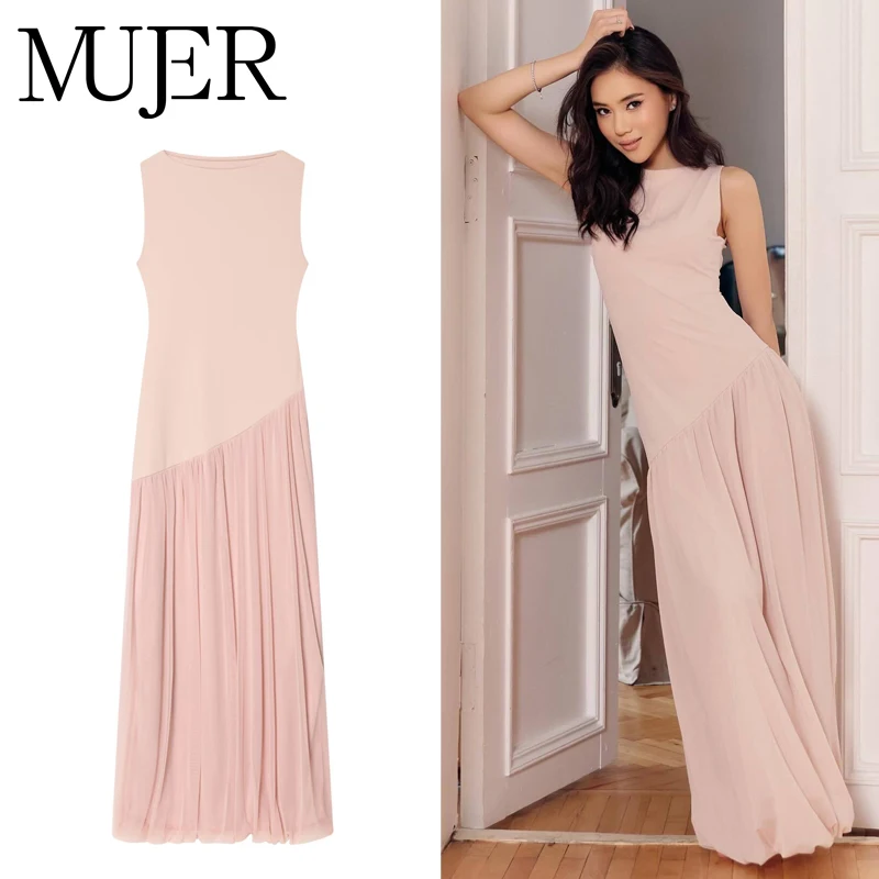 MUJER Tüll-lange Kleider für Damen, ärmellos, plissiert, Maxikleid, Damen-Sommerkleid in Rosa, Patchwork, elegante Partykleider