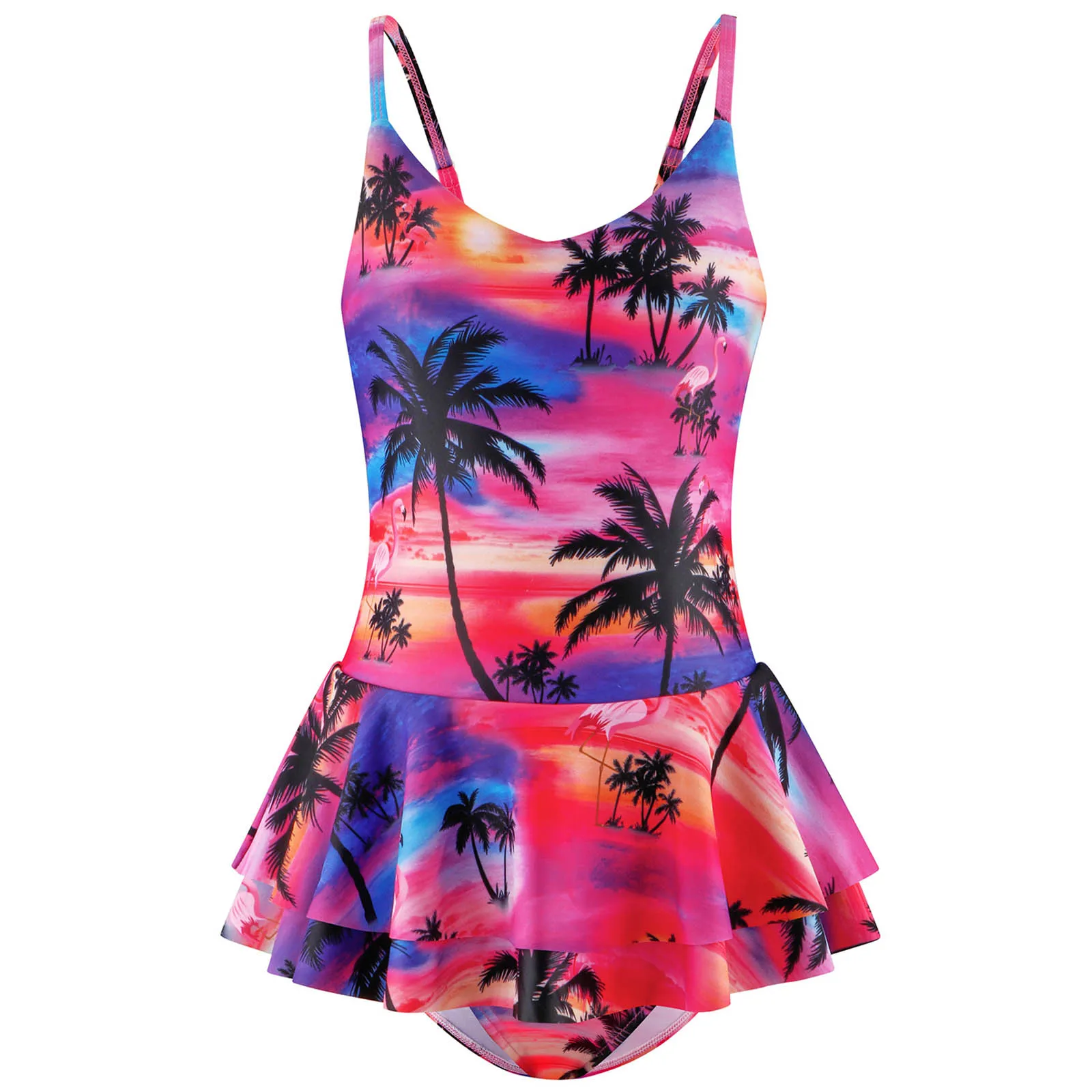 

Girls Swimsuit Summer Hawaii Swim Dress Sleeveless Ruffle Coconut Tree Print One Piece Swimwear Beachwear Swimming Bathing Suit