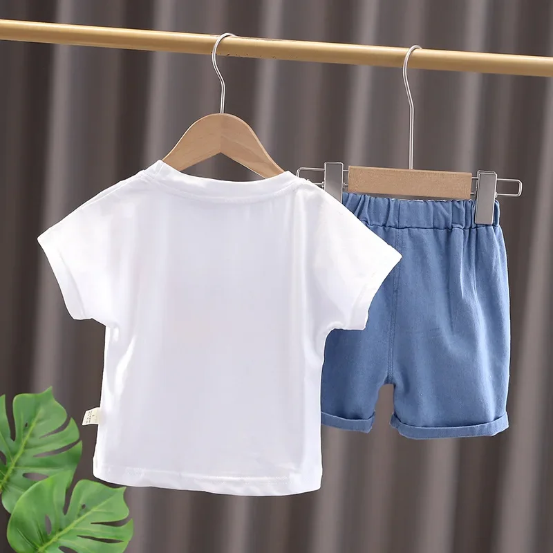 Summer Toddler Boy Clothing Korean Kids Clothes Casual Cartoon Cotton Short Sleeve Baby Tops+Denim Shorts Children Sets B068 2