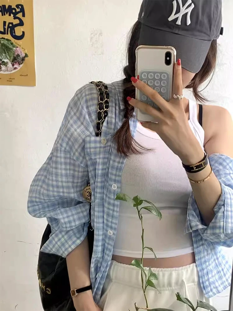 

Liangliang Lazy Sle Color Blo Plaid Защита от солнца irt Jaet Лето Новый возрастной тонкий топ Корейский свободный крой Длинный S...