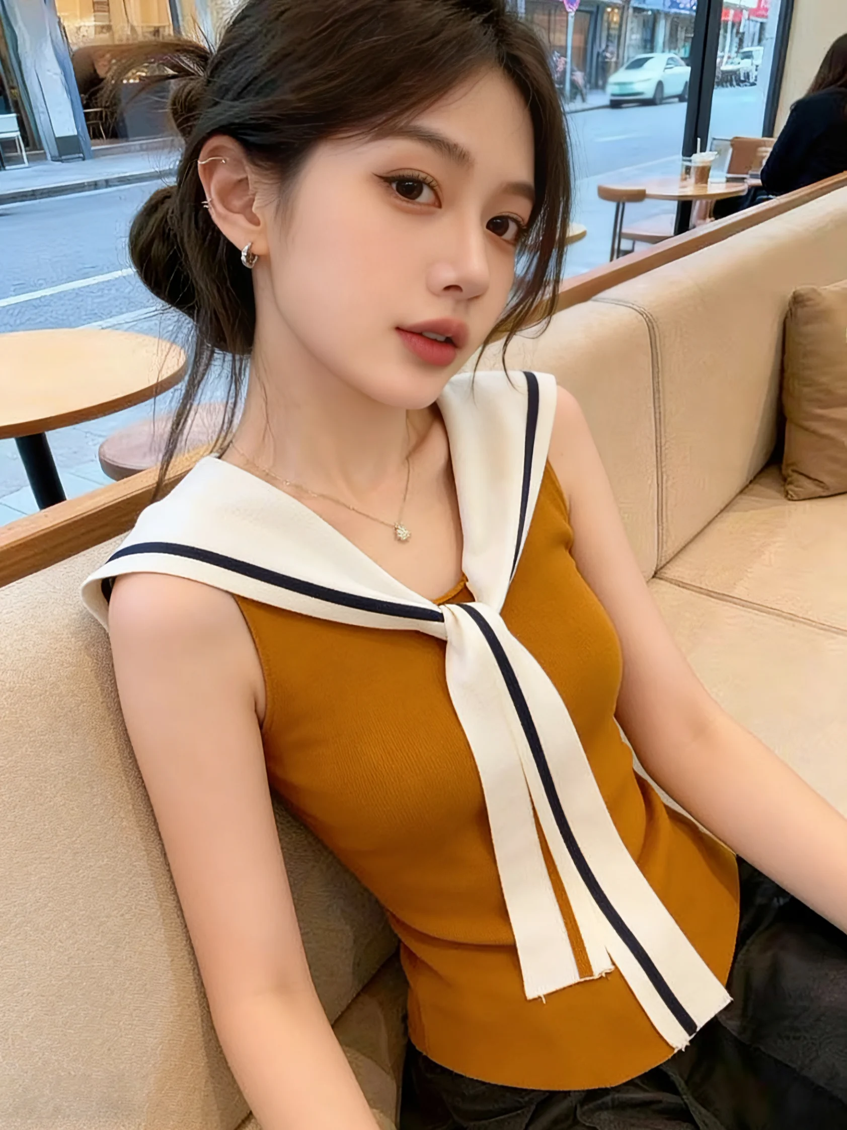 

Slim Fit Knitted Navy Collar Sleeveless Vest Women's Summer New Style Self-Keeping Color Block Top Korean Version Commute