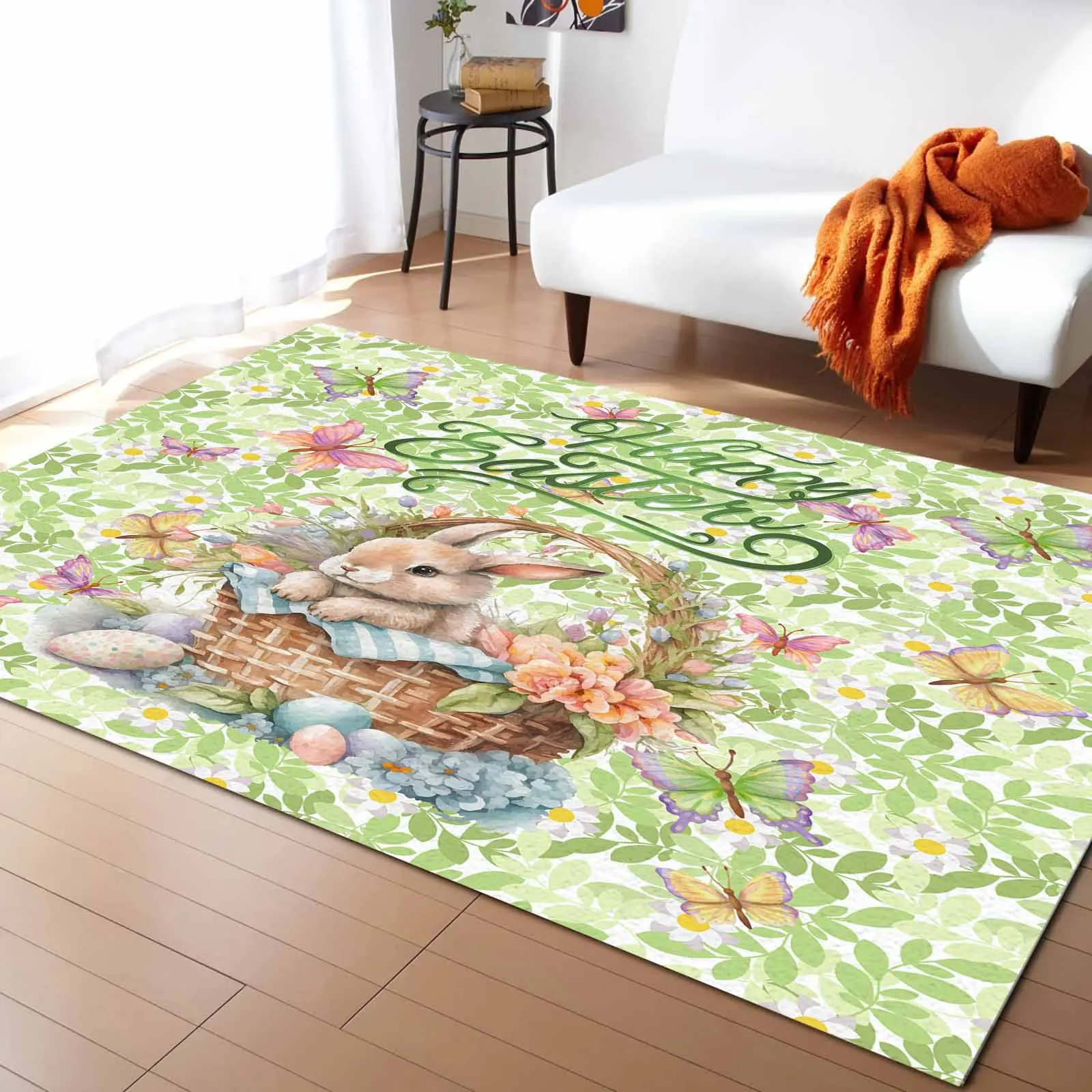 

Flower Rabbit Butterfly Watercolor Easter Living Room Floor Mat Children's Bedroom Bedside Carpet Kitchen Door
