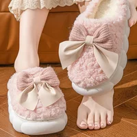 Winter Warm Fur Slippers for Women Cute bow House Non Slip Soft Shoes Comfort Flat Heel Home Indoor Bedroom Plush Slippers 2