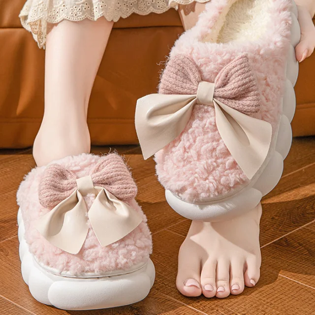 Winter Warm Fur Slippers for Women Cute bow House Non Slip Soft Shoes Comfort Flat Heel Home Indoor Bedroom Plush Slippers 2 Winter Warm Fur Slippers for Women Cute bow House Non Slip Soft Shoes Comfort Flat Heel Home Indoor Bedroom Plush Slippers 2