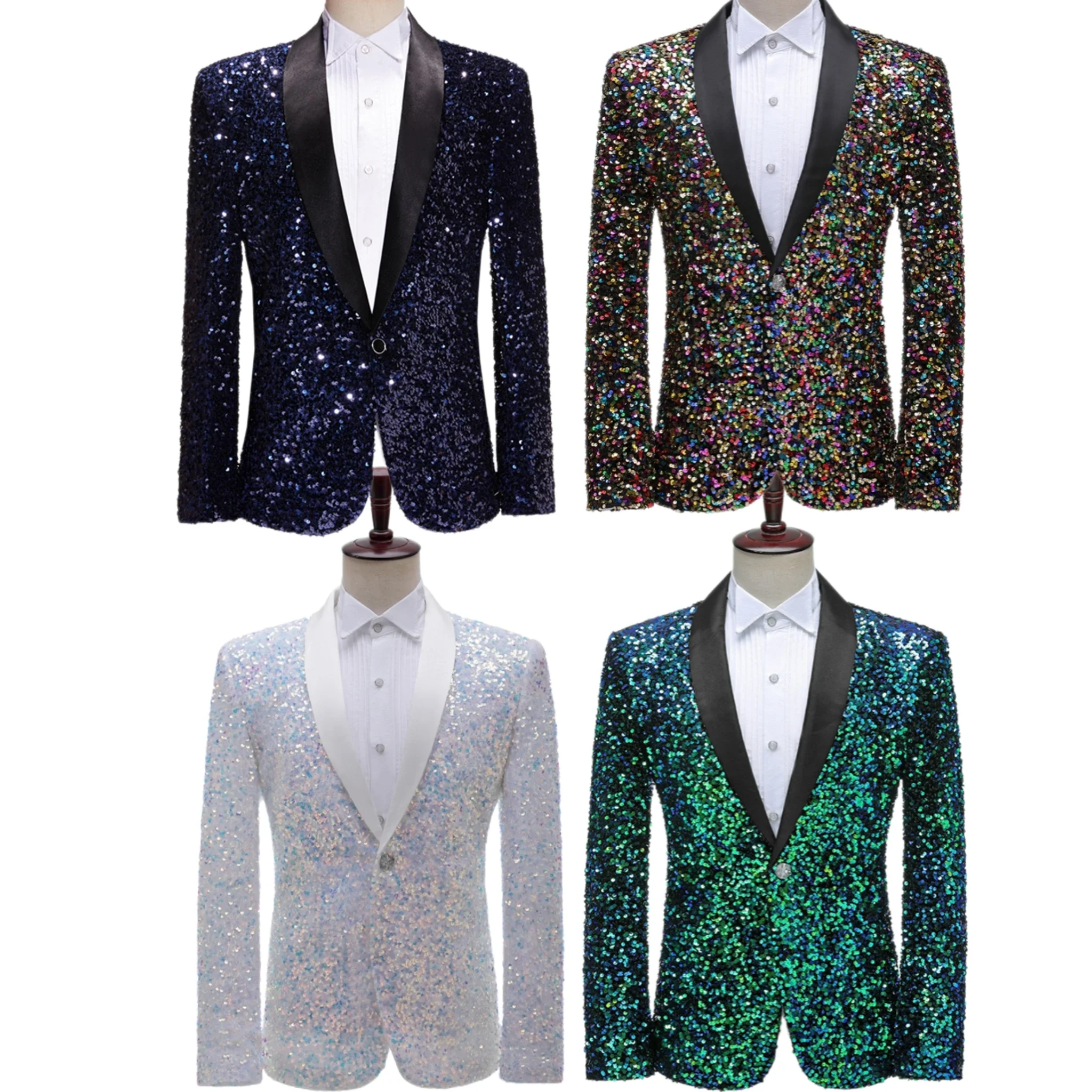 Luxury suit sequined jacket in blue, white, green, jacket with shiny shawl lapel，single blazer，for stage graduation dress