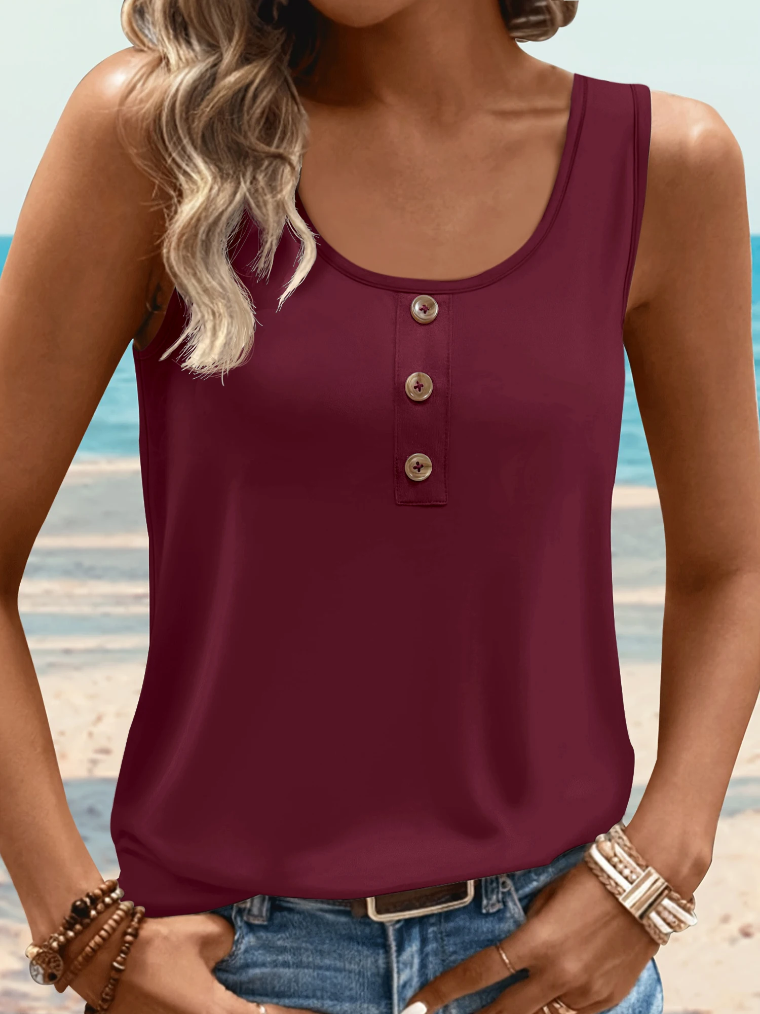 U Neck Sleeveless Henley Tank Top with Front Buttons, Relaxed Fit Basic Cami for Women All Seasons Daily Wear