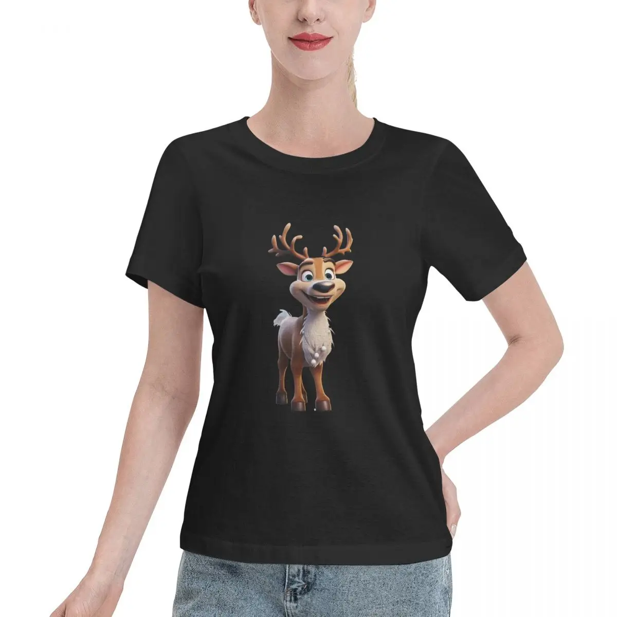 2024 New Summer Women Short Sleeve T-Shirt Cartoon Deer Graphic Premium Quality,Ripped Round,Hip Hop,Hipster Soft Trippy Design