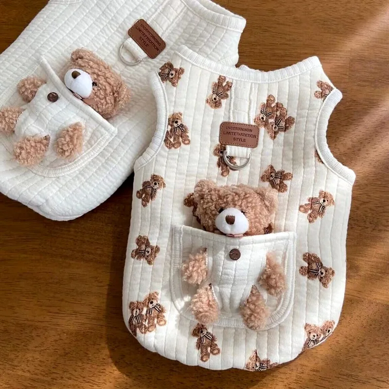 Dog Clothing Autumn and Winter cat cotton vest cute bear white Two Legged Clothing Small and Medium-sized Pet Clothing