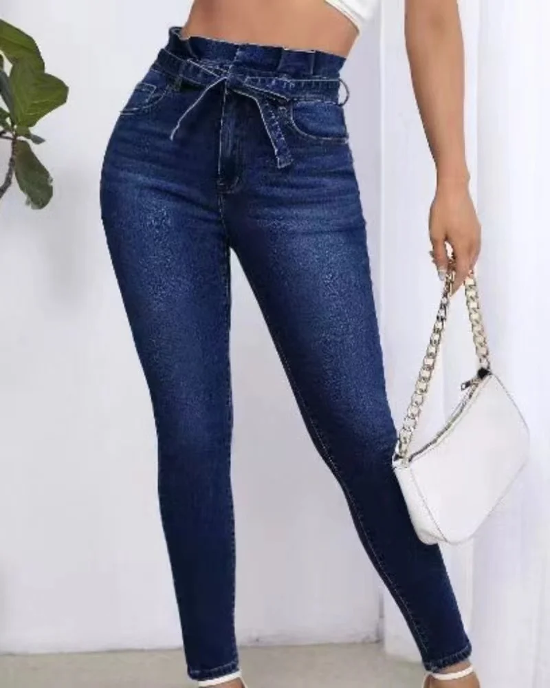 

Women's high-waisted stretch jeans, slim and thin lotus leaf waist trouse