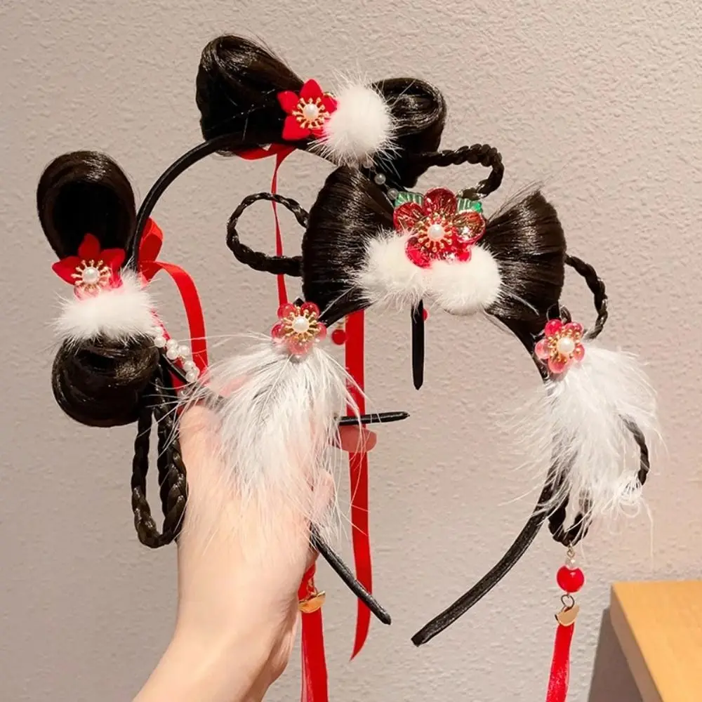 

Flower Children Wig Headband Tassel Braid Hair Hanfu Hair Sticks Tang Suit Hair Hoop Chinese New Year Headwear Children