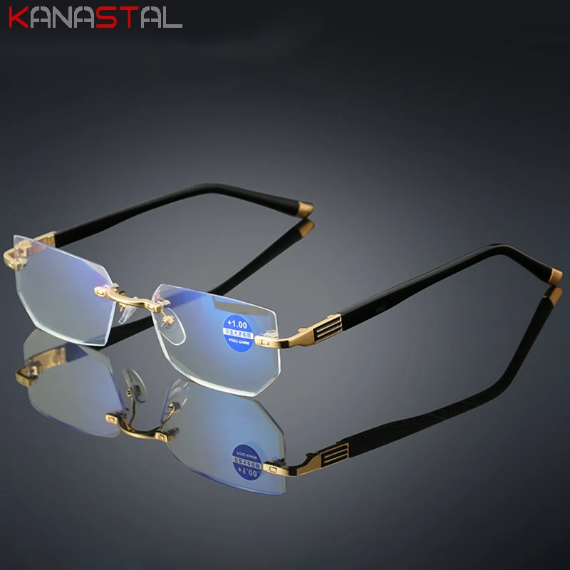 Men Metal Rimless Reading Glasses Hyperopia Presbyopic Eyewear Women Anti Blue Light Blocking Lenses Computer Eyeglasses Frame