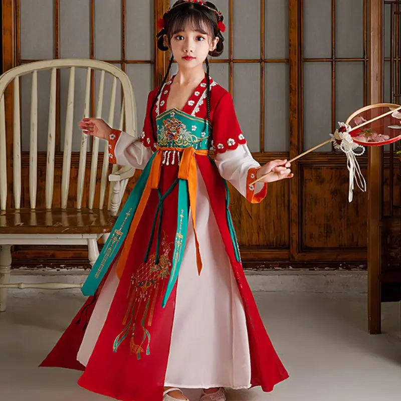 

Red Girl Hanfu Long Sleeve Tang Suit Chinese Traditional Ancient Costume Fairy 2023 New Year Hanfu Dress for Children