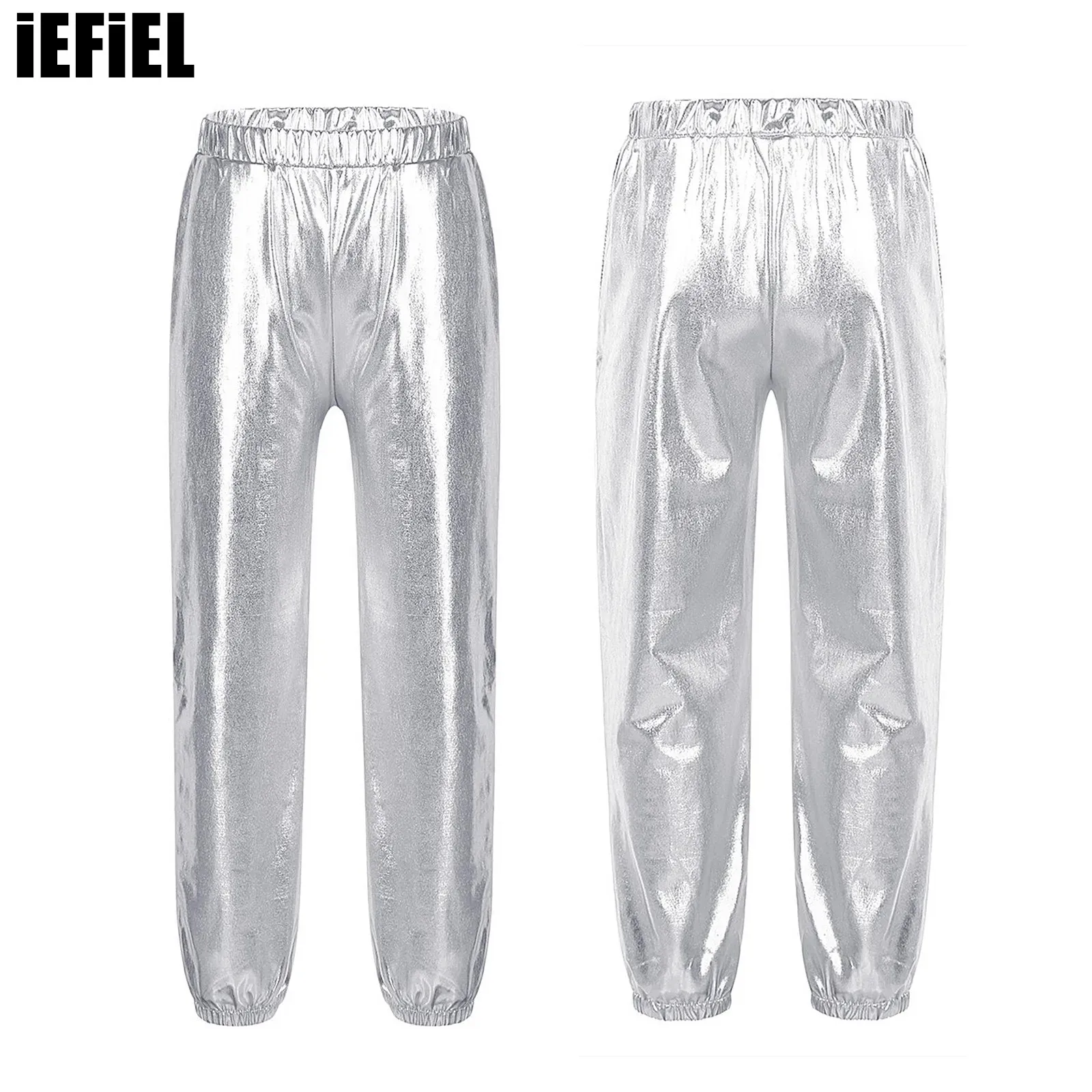 

Kids Girls Glossy Metallic Dance Pants Elastic High Waist Pants Hip Hop Trousers Streetwear Dancewear Sweatpant