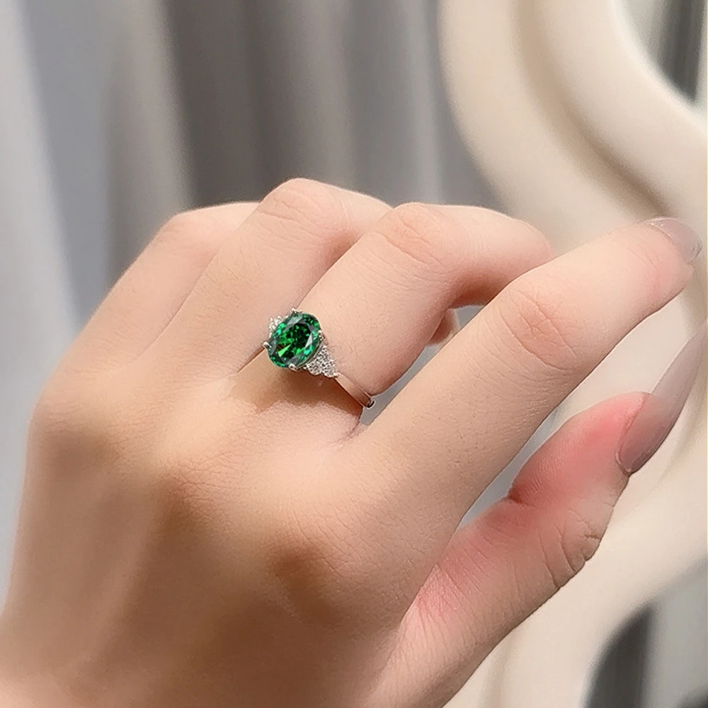 خاتم الخطوبة من الفضة الإسترليني S925 للنساء |   7 × 9 ملم بيضاوي من الياقوت الزمردي عالي الكربون الماسي |   هدية مجوهرات رائعة