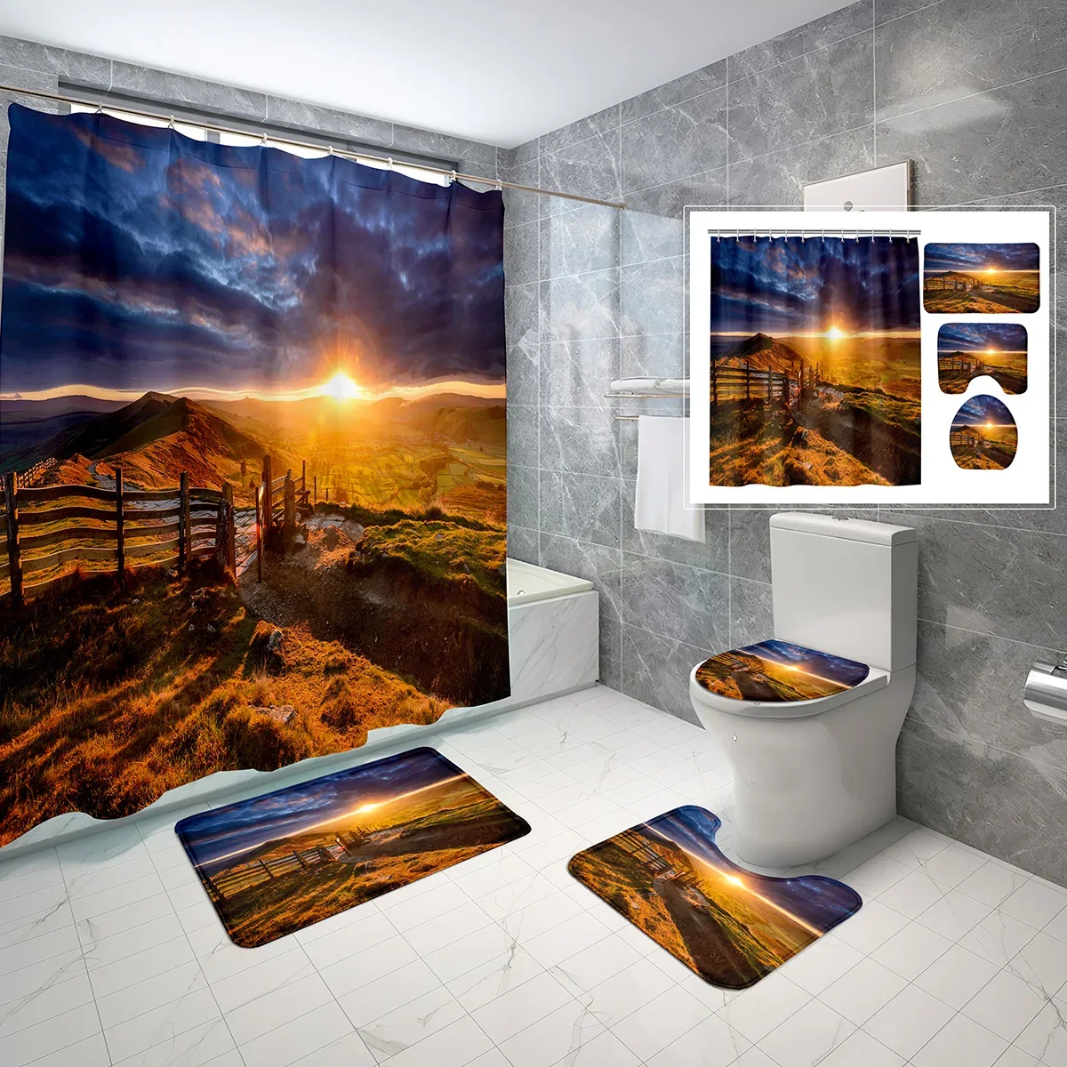 

4PCS Nature Shower Curtain Set Mountain Sunset Forest Seaside Village Bathroom Bath Curtain Non-Slip Bath Mat Toilet Lid Cover