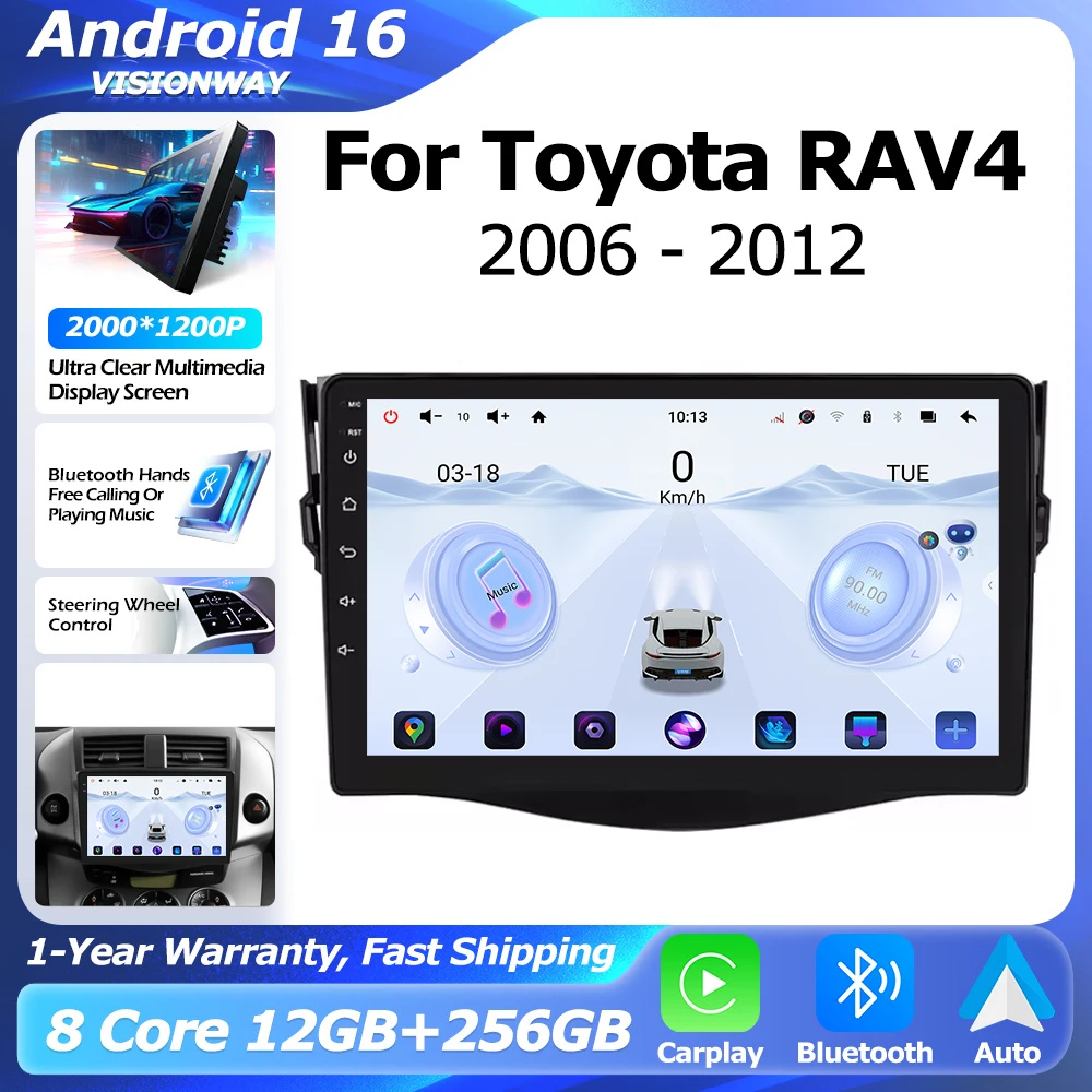 CarPlay For Toyota RAV4 2006-2012 Android 16 GPS Navigation Lntelligent Multimedia Player Auto 4G WIFI QLED 2000*1200P DSP