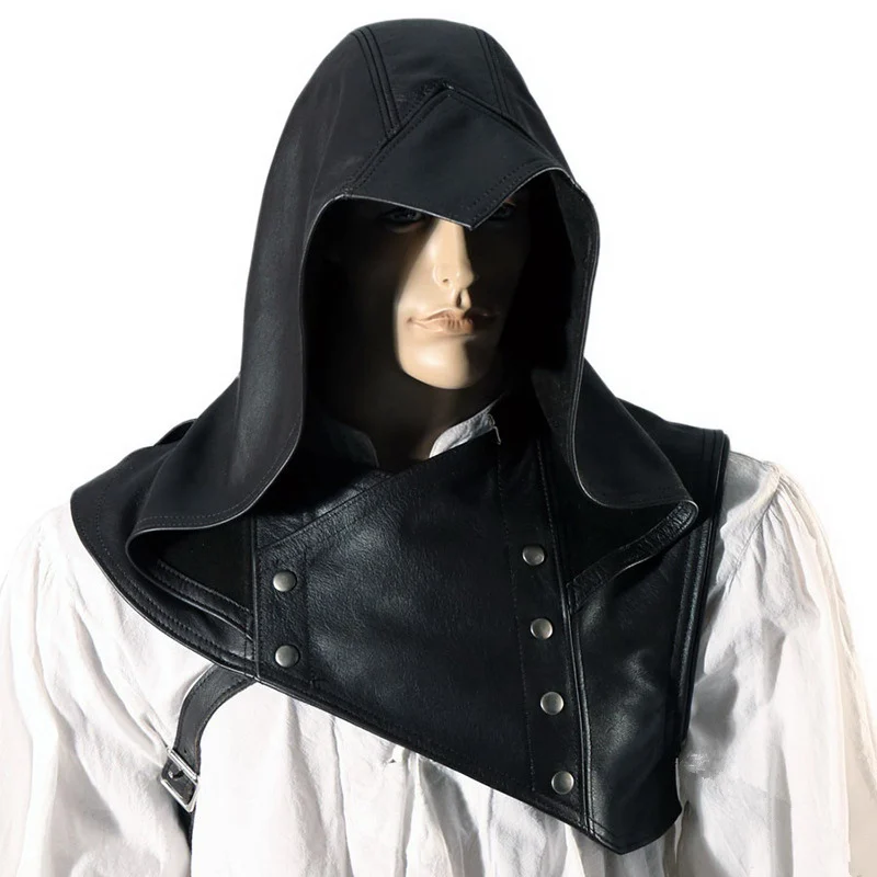 medieval-pu-leather-rivet-hooded-scarf-assassin-cap-drama-performance-cos-photoaphy-portrait-wide-brim-round-top-cap