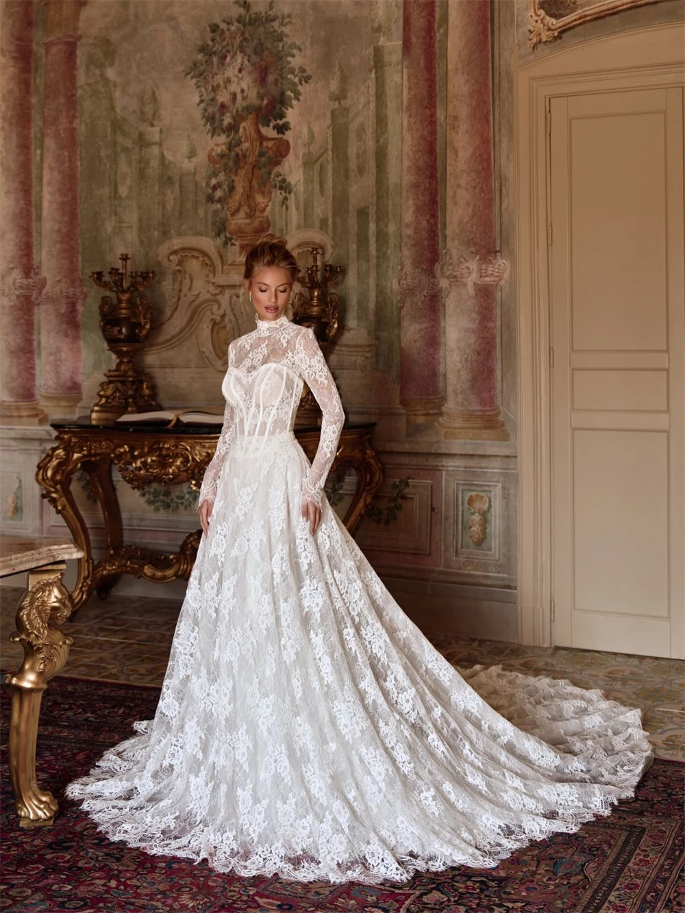 

Customized Elegant White Lace Wedding Dress Formal O-Neck Long Sleeves Bridal Gowns Classic A-Line Court Train Robe de mariée