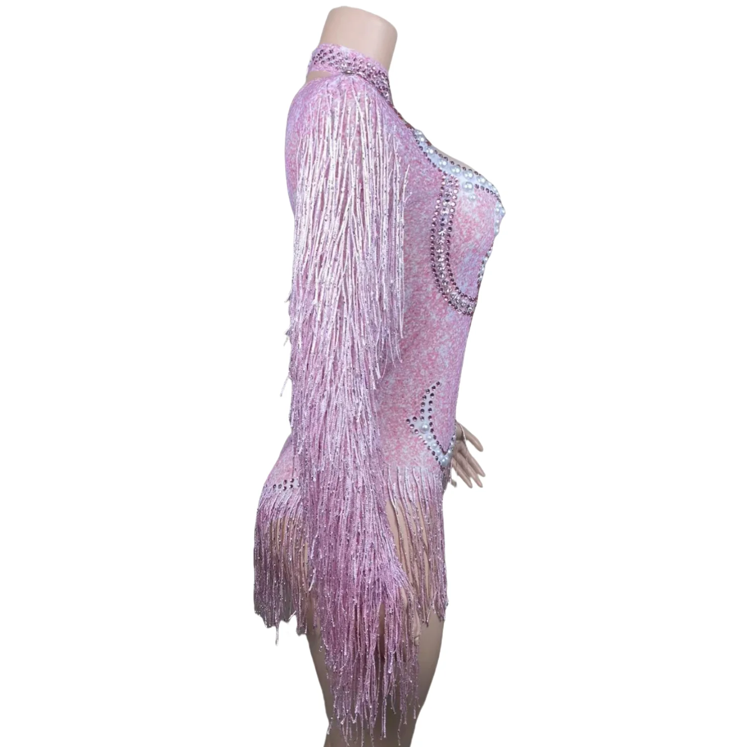 Pink Crystal Diamond Tassel Jumpsuit for Women Fashion One Piece Bodysuits Dance Stage Performance Costumes Shining Sequins Wear