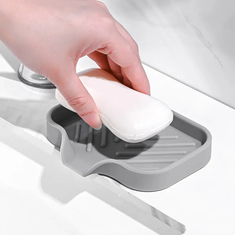 

Washstand Soap Tray Brush Sponge Bottles Organizer Kitchen/Bathroom Silicone Soap Storage Holder with Built-in Drain Lip