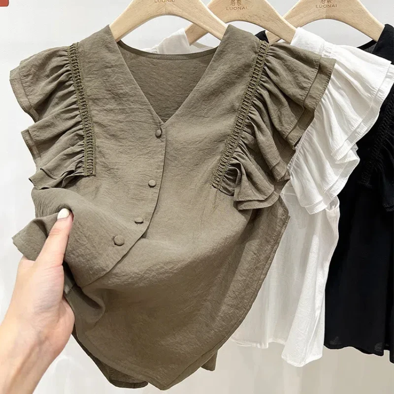 Pleated Sleeveless Button Blouse Summer New Solid Color V Neck Loose Youth All-match Shirt Tops Vintage Fashion Women Clothing