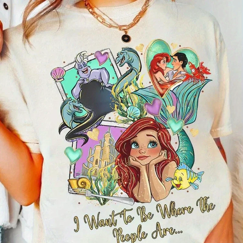 تي شيرت نسائي من Disney Little Mermaid Ariel و Ursula and Froude مطبوع مريح مقاس كبير من القطن المريح بأكمام قصيرة #2