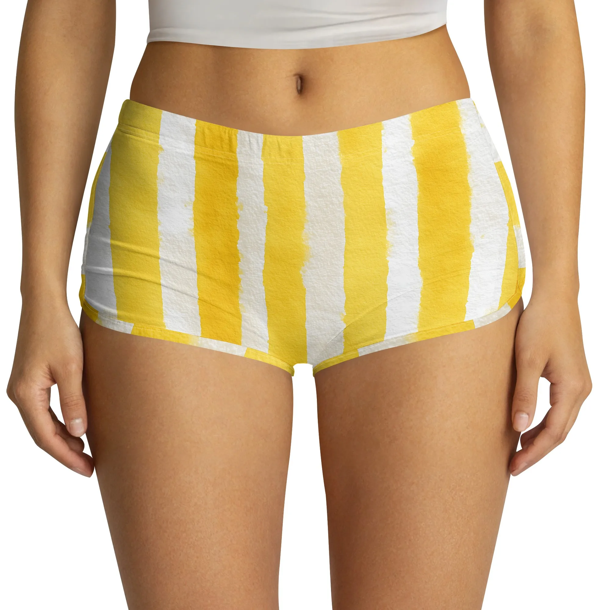 Yellow Striped Shorts, Summer Print Bottoms, Casual Lounge Wear, Beach Vacation Outfit, Women's S-2XL